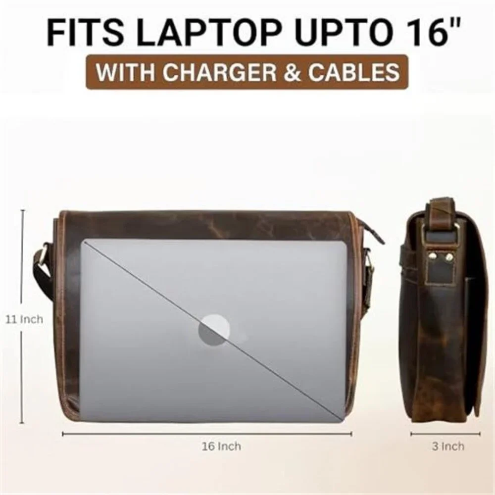 Men's Vintage Leather Messenger Bag Full Grain Leather Laptop Bag, 16